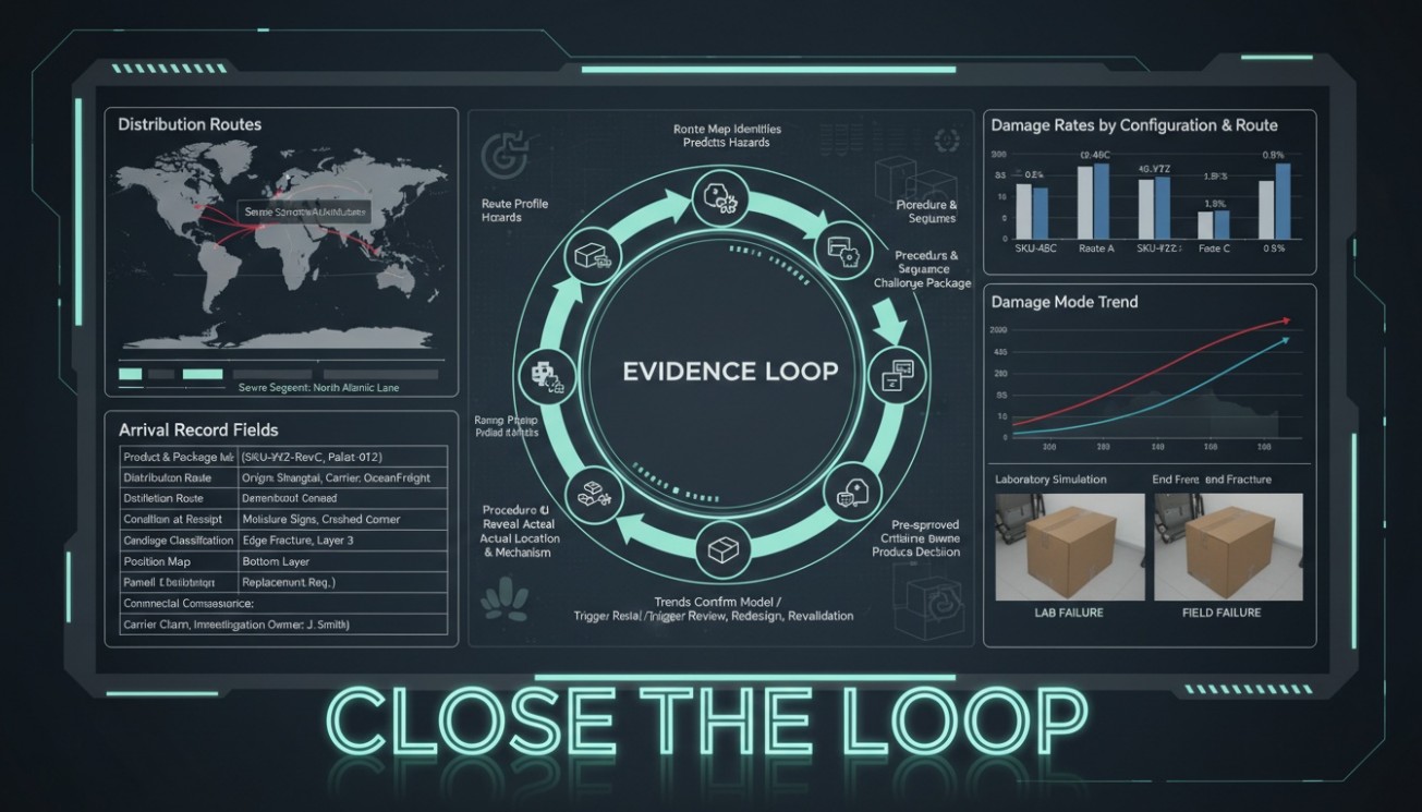 Evidence loop linking route profiles, package tests and arrival damage trends for packaging revalidation